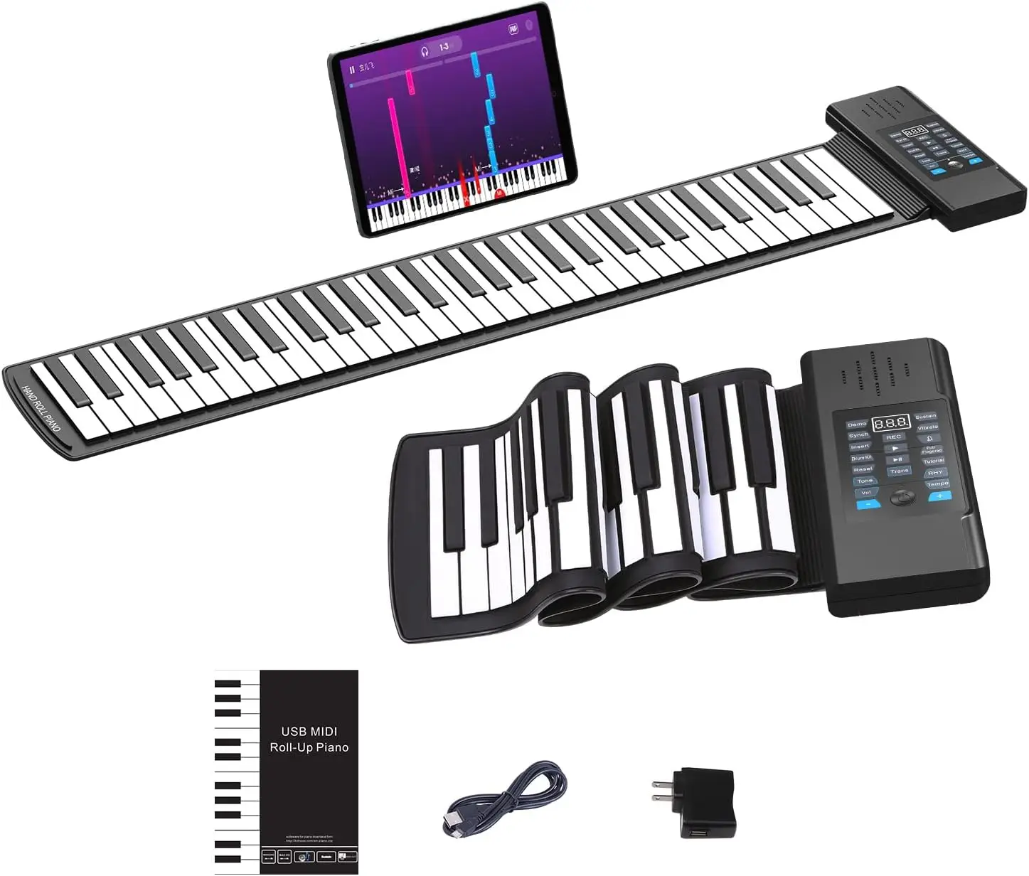 61-Key Roll-Up Piano, Upgraded Portable Rechargeable Hand Roll Electronic Piano with Flexible Silicone Keyboard, MIDI Out, Headphone Jack, 128 Rhythms, Ideal Beginner Gift