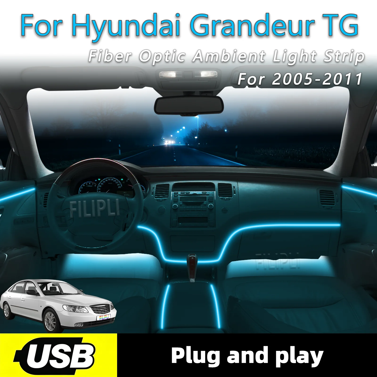 

Мягкая подсветка салона для Hyundai Grandeur TG 2005-2011 годов выпуска, 6 в 1, USB-интерфейс, световая лента из оптоволокна для интерьера автомобиля.