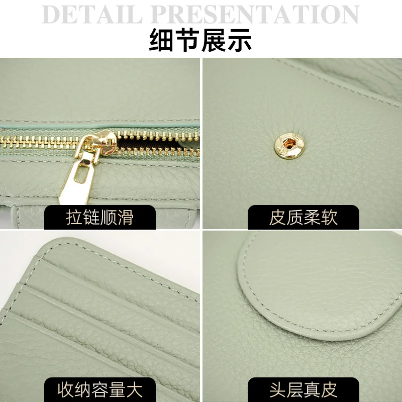 Carteira curta de couro genuíno, zíper com fivela feminina, porta-cartões dobrável, carteira feminina multifuncional
