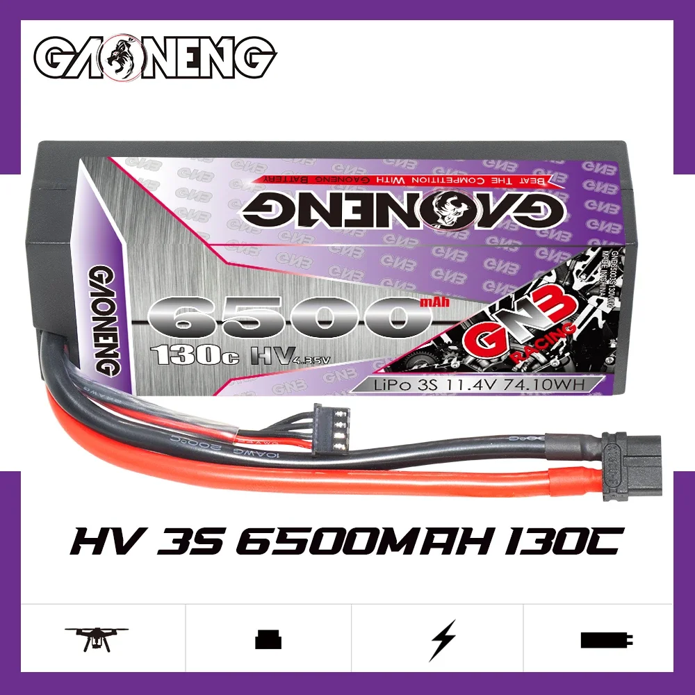 

GAONENG GNB 6500mAh HV 3S 130C 260C 11.4V Hard Case LiPo Battery Cabled with XT60 1/10 1/8 Scale RC Hobby Models