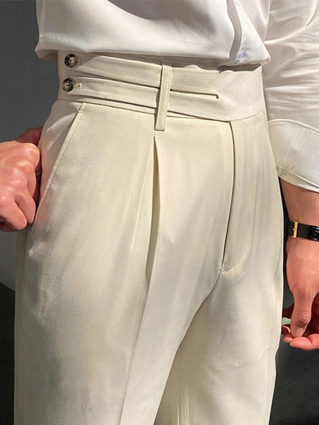 

Men Italian Neapolitan Pleated Dress Pants 2025 SS, Light Business High Waist Button Straight Leg Formal Suit Trousers