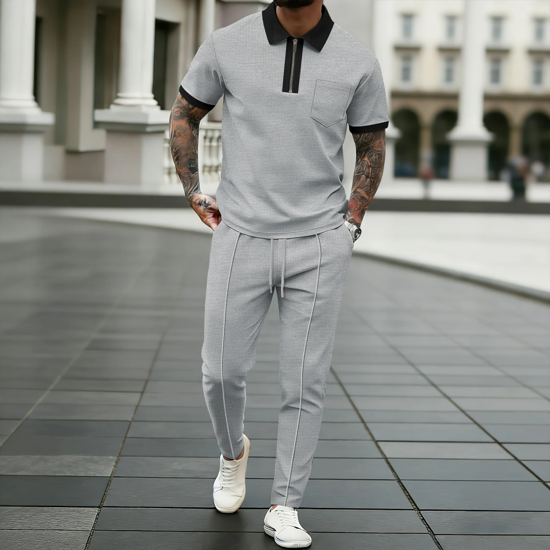 Men's Waffle Knit Tracksuit 2 Piece Set, Half-Zip Contrast Collar Short Sleeve Polo Shirt & Elastic Drawstring Waist Long Pants view 6