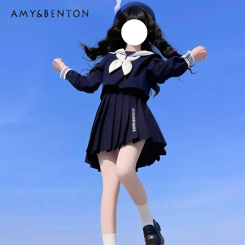 

Japanese Style JK Uniform Original Sailor Collar Dark Blue Long Short Sleeves Top Pleated Skirt Fitted Waist Bow Hat Suit Girls