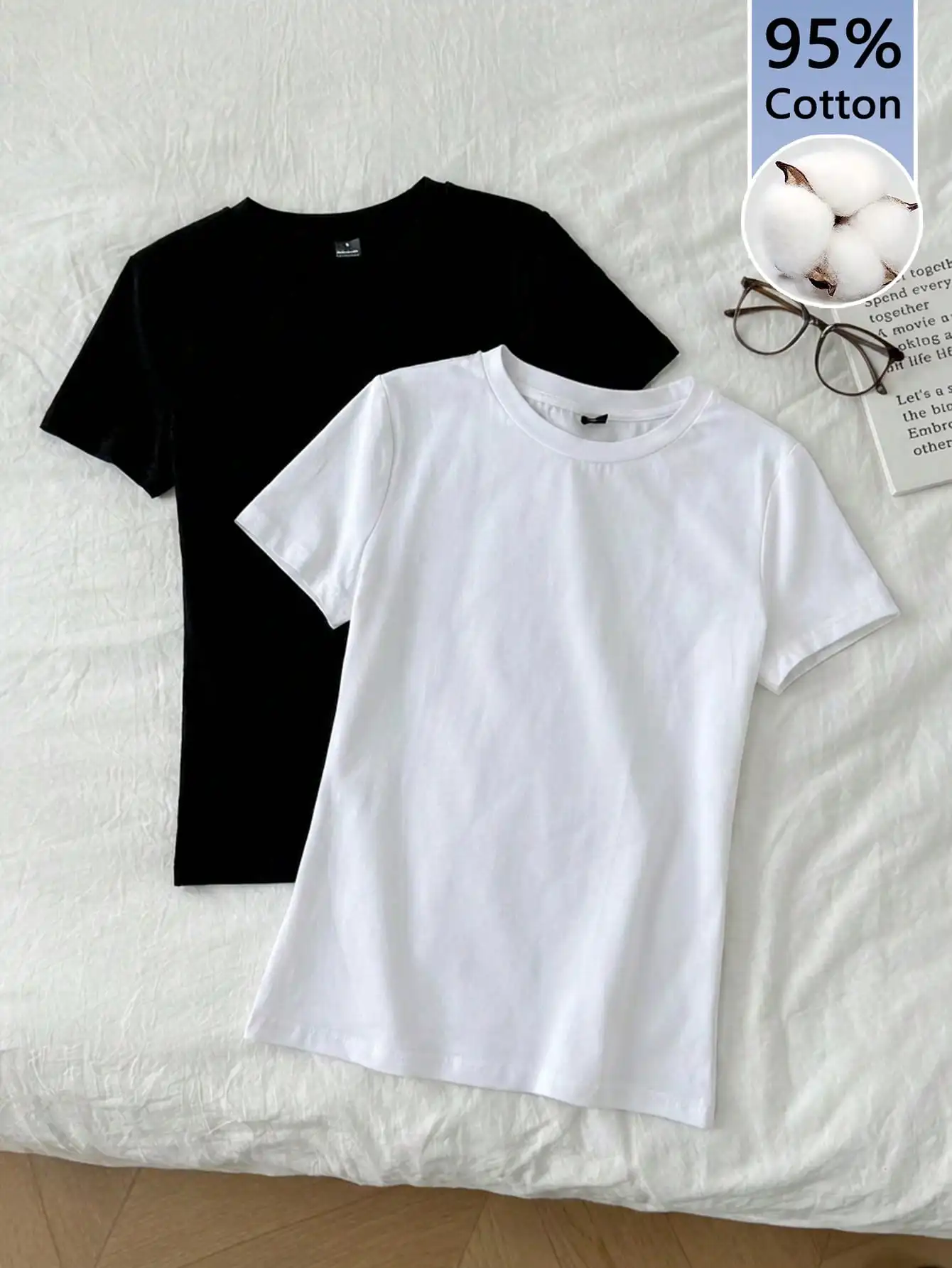 

Набор из 2 футболок с коротким рукавом, черно-белые, 95% хлопок, повседневные базовые футболки для лета и осени, мягкие и удобные