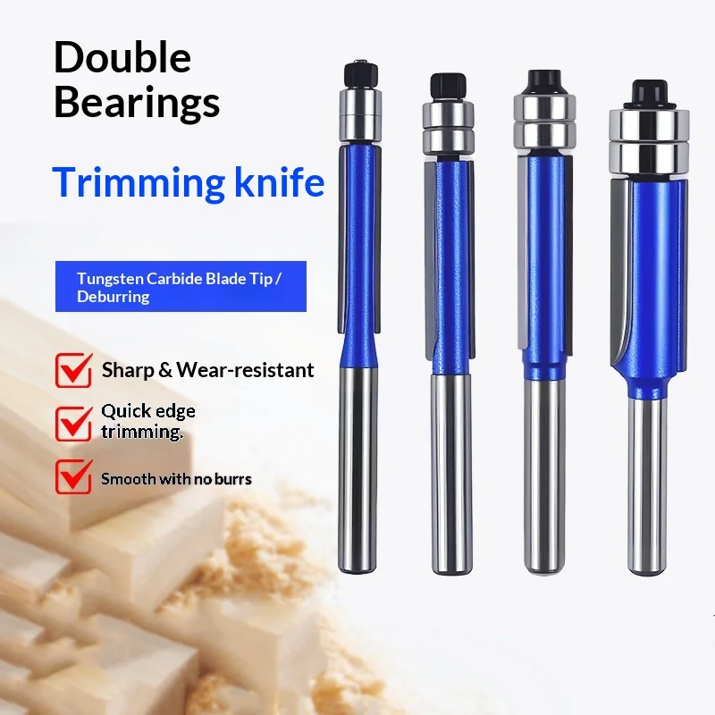 

1~4pcs,Sparkling Silver-Blue Double Bearing Flush Trim Router Bit - 1/4" Shank Dual Cutting Blades Electric Accessory