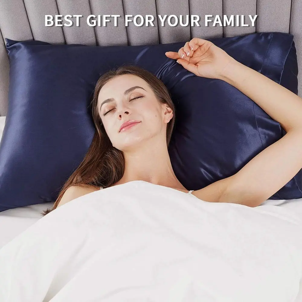أغطية وسائد من حرير التوت النقي بنسبة 100% من كوين آند كينج - درجة 6A، 22 م، للعناية بالشعر والبشرة، أزرق، عبوتان