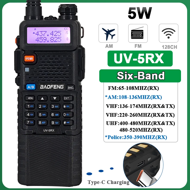 Портативная рация Baofeng UV-5RX, 5 Вт, многодиапазонная с аккумулятором емкостью 3800 мАч, беспроводная зарядка типа C