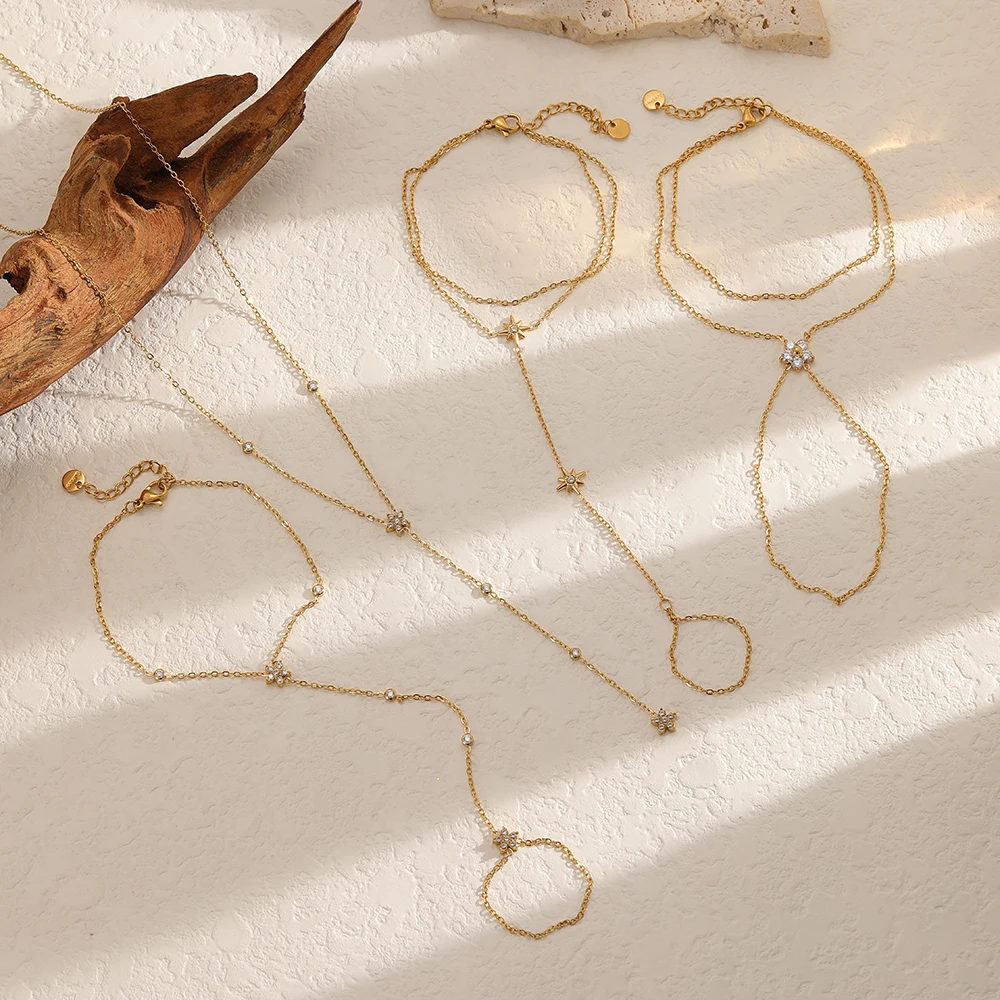Modisches 18K vergoldetes Edelstahl-Zirkon-Armband für Frauen, individuell für den täglichen Gebrauch, wasserdichter Schmuck, Fingerkette – Detail 1