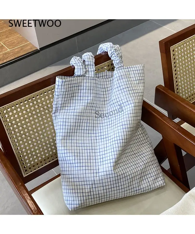 Korean Plaid Canvas Tote Bag Ruched Gathered Handle Embroidery Letter Second Three Pastel Color Casual Student Daily Shopper