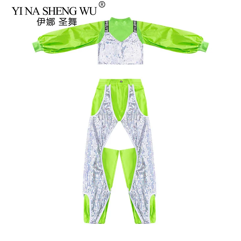 Mode K-pop Bühne Outfits Mädchen Grün Silber Pailletten Kostüm Jazz Dance Hip-hop Street Dance Kleidung Laufsteg Leistung tragen
