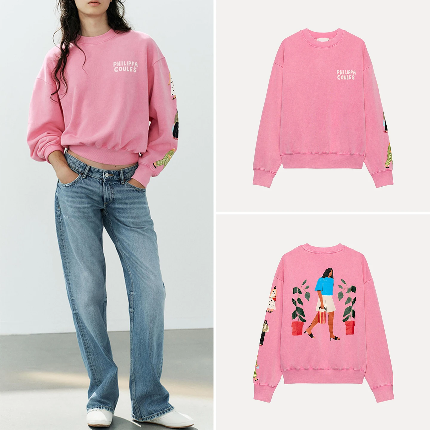 Fashionable Long Sleeve round Neck Cartoon Wash Effect Sweatshirt Women's Loose Fit Autumn Wear Casual Style Letter Pattern