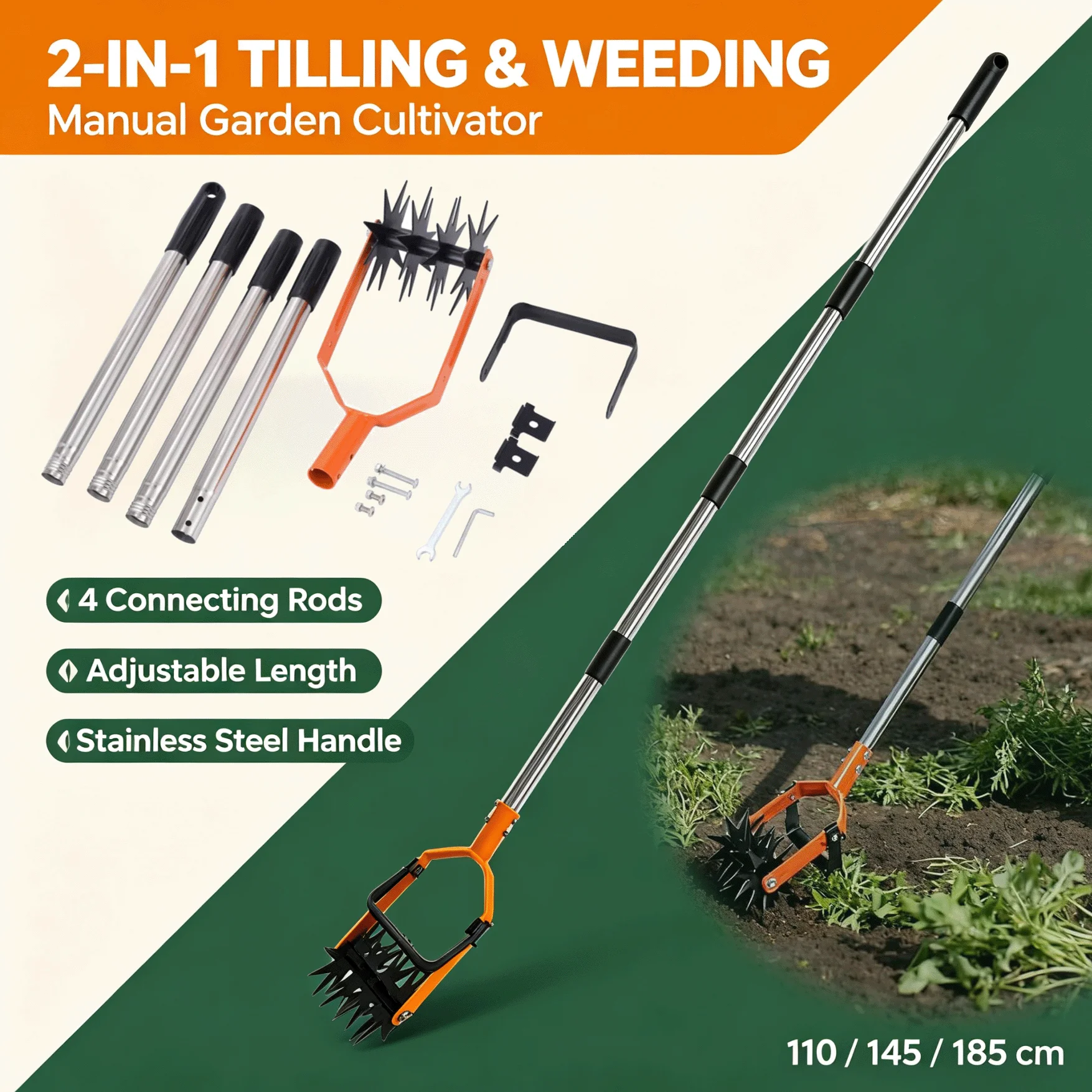 Attrezzo da giardino 2 in 1: zappatrice e diserbante manuale, coltivatore per terreno con manico in acciaio inossidabile composto da 4 pezzi, ruota a stella e lama per diserbare, ideale per allentare
