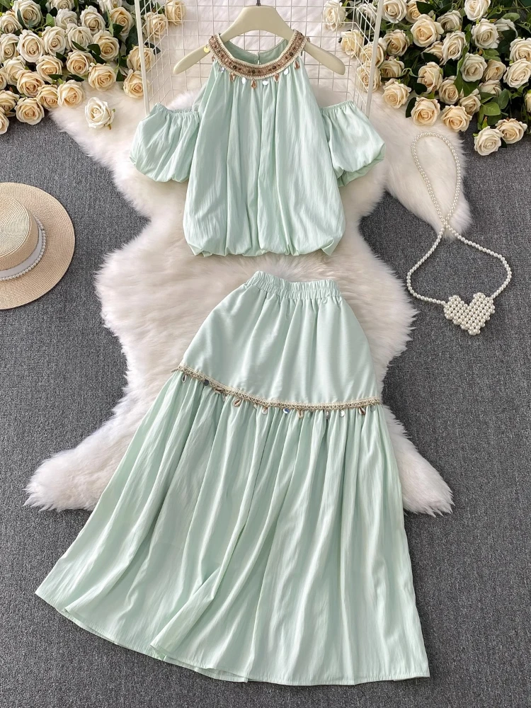 

Fashion Sweet Matching Sets O Neck Off Shoulder Short Sleeve Crop Tops+high Waist Long Skirts Tassel Design 2025 Women Clothing