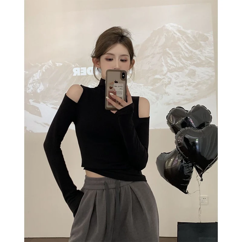 Turtleneck Off Shoulder T Shirts Women Thin Velvet Long Sleeve Bottom Shirt Spring Autumn Streetwear Korean Hollow Out Slim Tops