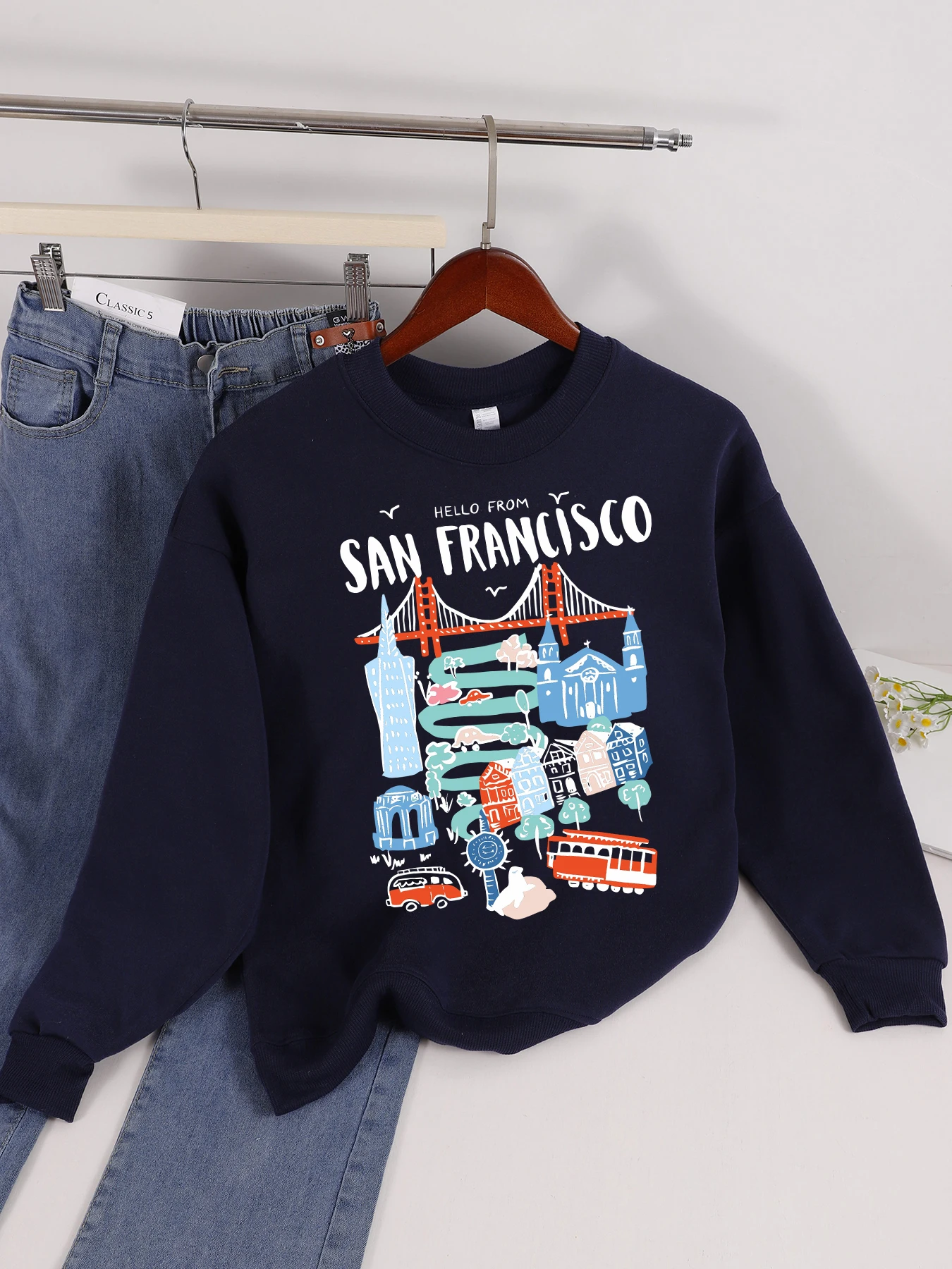 

Hello From San Francisco Bridge Scenery Print Women Sweatshirt Y2K Soft Sportswear Casual Autumn Pullover O-Neck All-Match Top