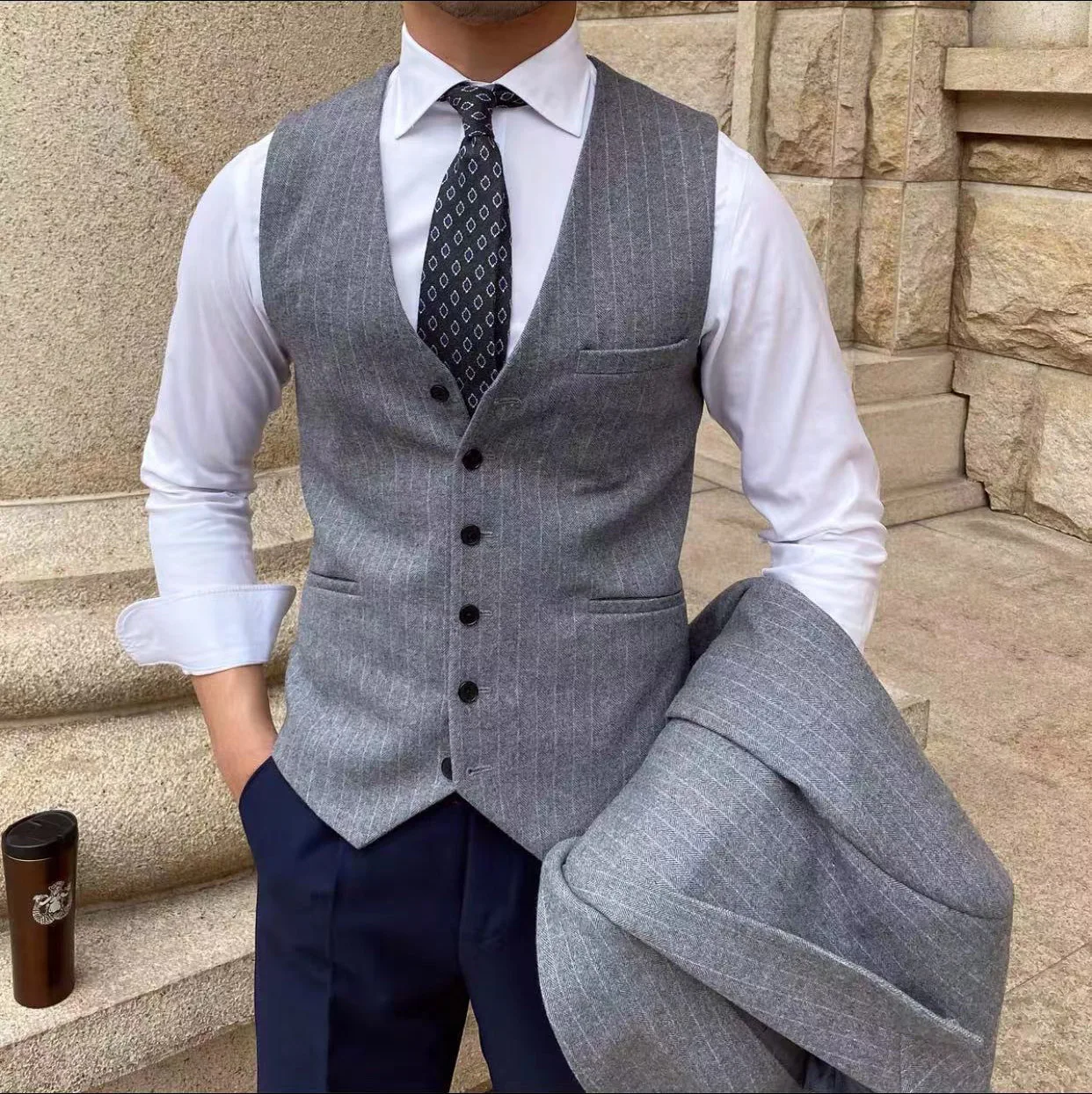 

Men's Striped V-Neck Vest Men's Business Slim Gentleman Casual Vest Formal Wedding Jacket