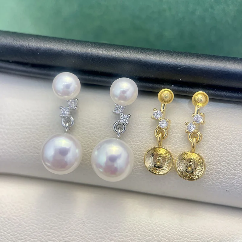 Luxury Fashion Women Brass Gold Filled Double Pearl Micro Pave CZ Blank Setting Handmade Findings For DIY Stud Earrings