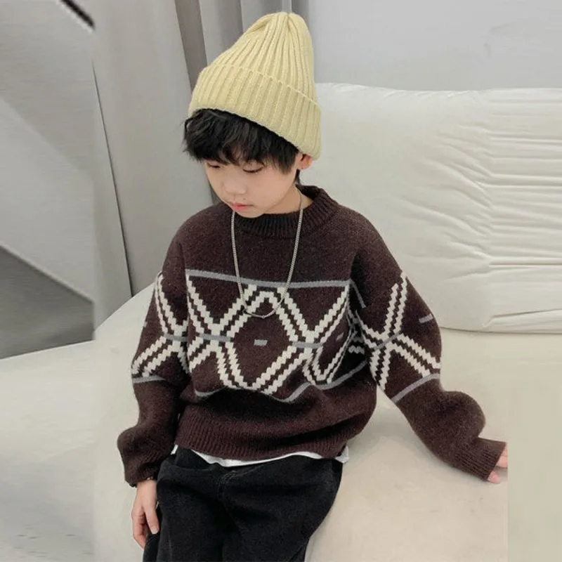 

Новинка 2025 года, утепленный флисовый свитер с круглым вырезом в корейском стиле для мальчиков, зимний уютный флисовый свитер для мальчиков на осень и зиму