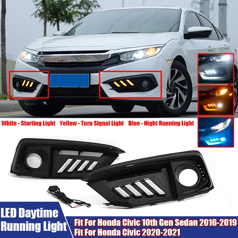 A Pair of LED Daytime Running Lights Turn Signal Lamp Fit For Honda Civic 10th Gen Sedan 2016-2019 / 2020-2021 Replace Car Light