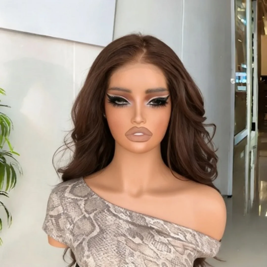 

Brown 26' Long Body Wave Jewish Human Hair 5x5 Silk Base with BabyHair HD Lace European Glueless Preplucked 180 Density
