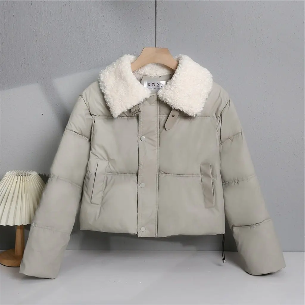 

Puskin Wash-Free down Cotton-Padded Coat Women's Short Winter Thickened Collar Bread Suit Petite Fit Lamb Wool Collar