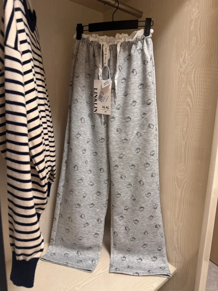 

Женские спортивные брюки с рюшами и мультяшным принтом, свободные, широкие, повседневные, в корейском стиле, с высокой талией, длинные, для весны, осени и зимы