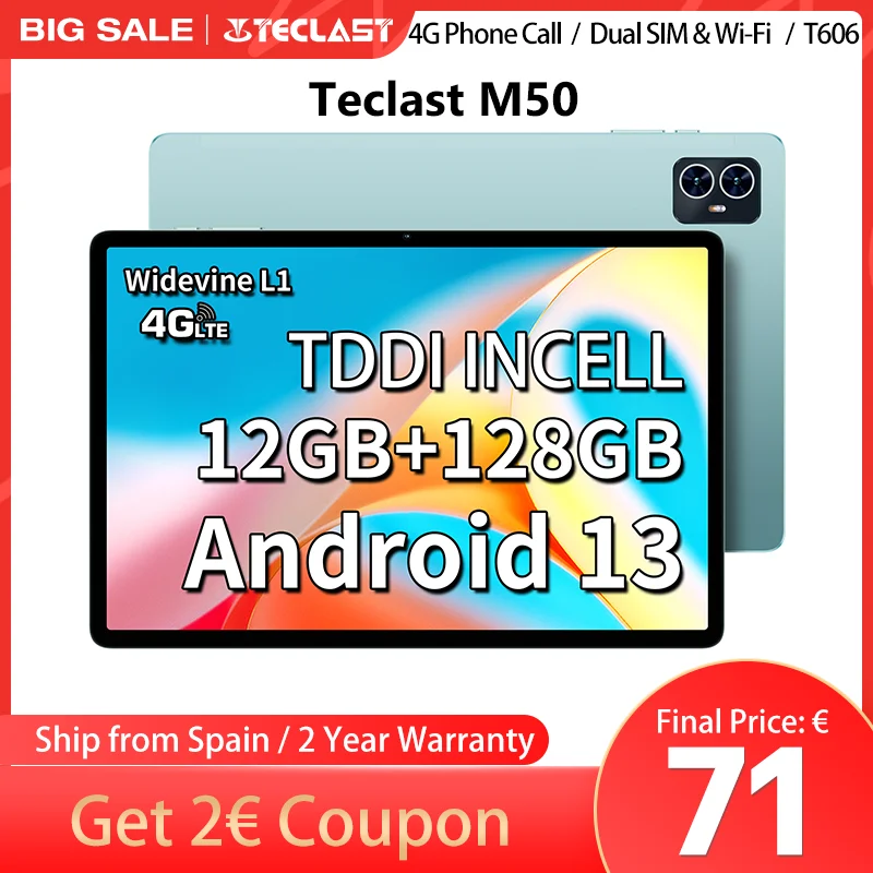 Teclast M50, (6 + 6)Max.12GB RAM 128GB ROM, 10,1 inch TDDI, UNISOC T606, 8 cores, Android 13 tablet PC, Mali G57 GPU, networks and calls 4G, dual WiFi GPS dual SIM card slots 13MP + 5MP