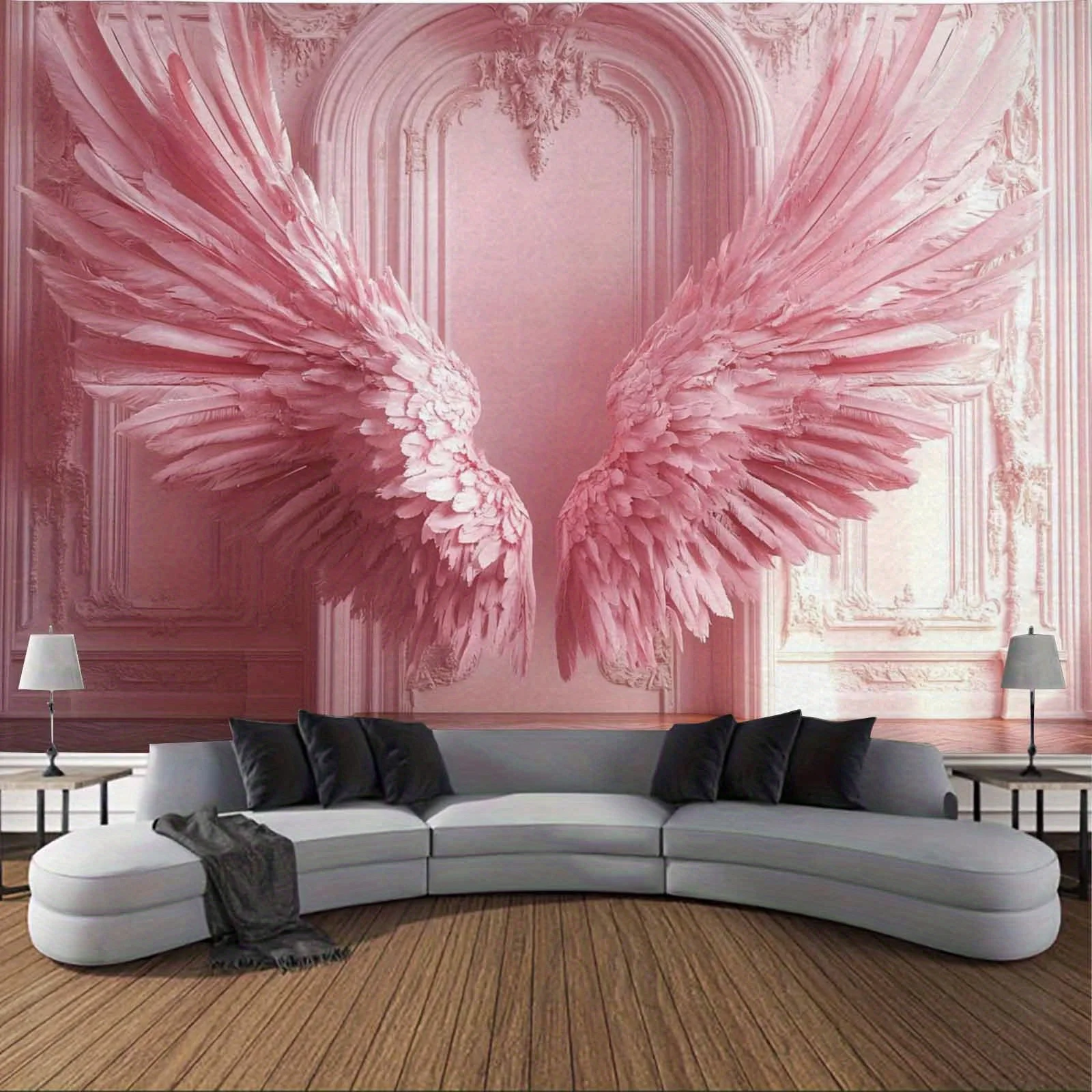 

1pc 100% polyester pink angel wings print soft polyester fabric for living room, office decoration, wrinkle-resistant material