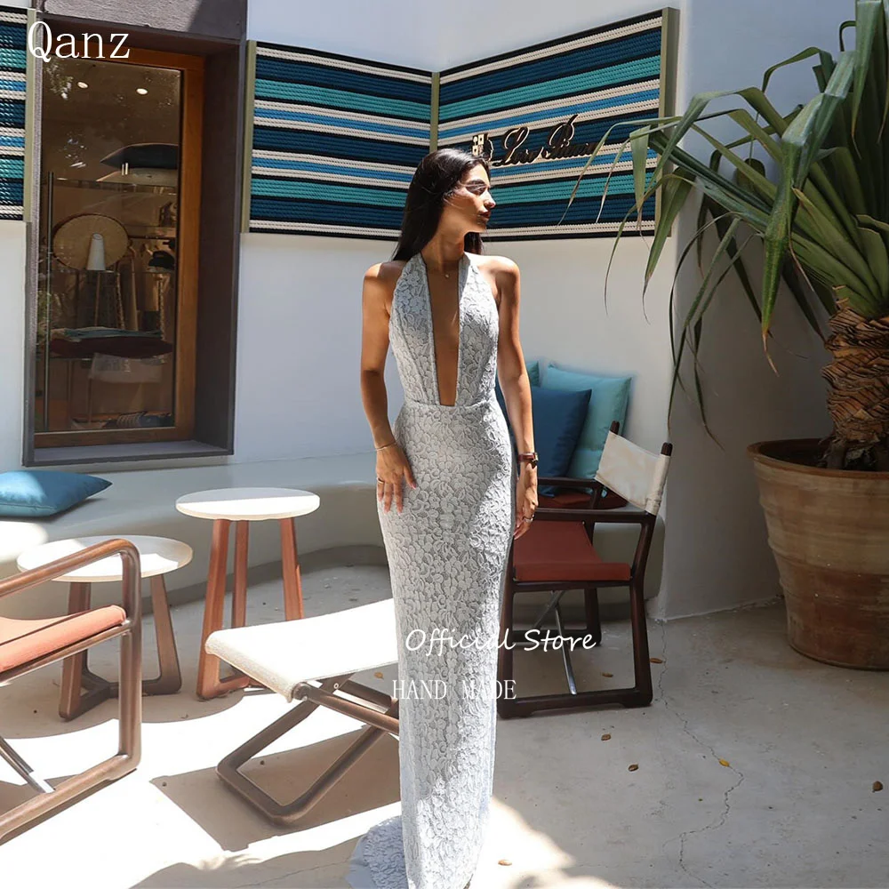 

Qanz Beach Deep V Neck Prom Dresses Blue Lace Appliques Vestidos De Festa Mermaid Dress For Wedding Guest Elegant Customized