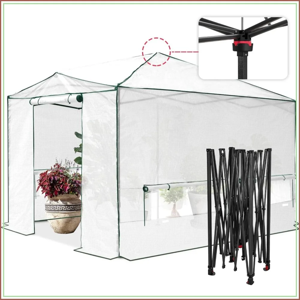 12x8 Pop Up Greenhouse with Support Pole Easy Setup Clear White Outdoor Garden