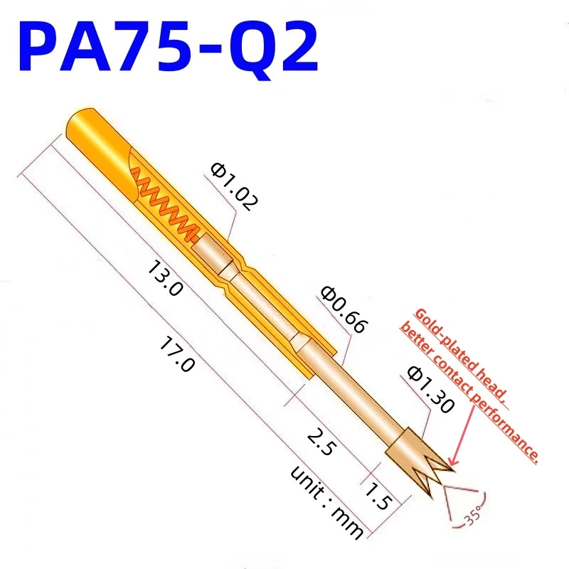 

100PCS PA75-Q2 Spring Test Probe Test Pin Pogo Pin P75-Q2 P75-Q ICT FCT PCB Test Tool 1.30/1.02/17.0mm Gold Needle Crown Tip