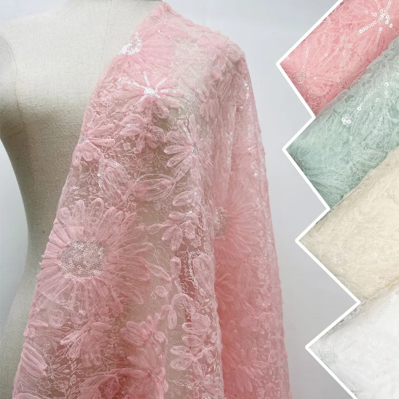 

New 3D Embroidered Large Flower Lace Fabric For Wedding Evening Dress Fashion Designer Fabric