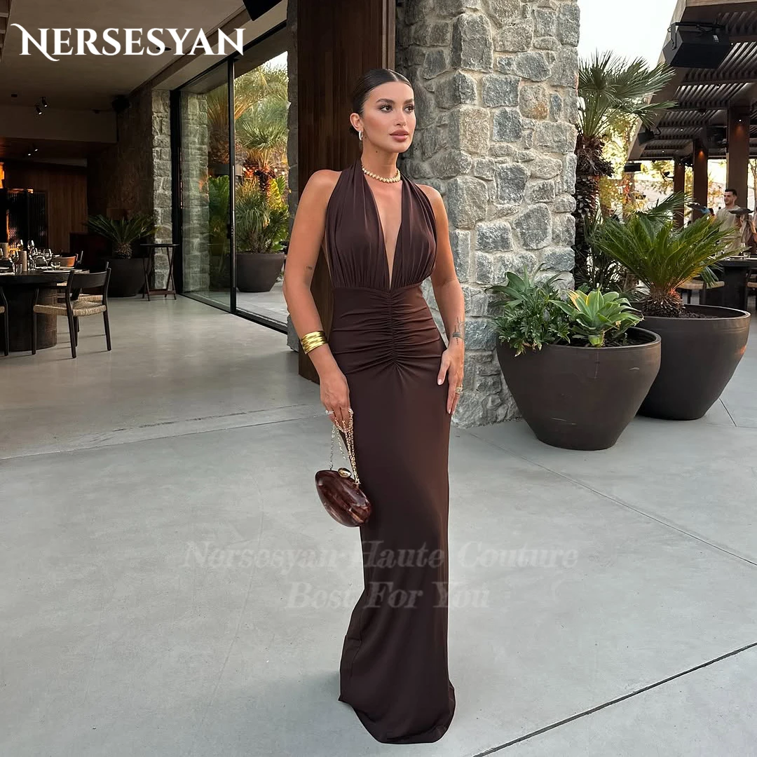 

Nersesyan Chocolate Luxury Mermaid Evening Dresses Off Shoulder Pleats Formal Party Gowns 2025 düğün parti elbise Customized