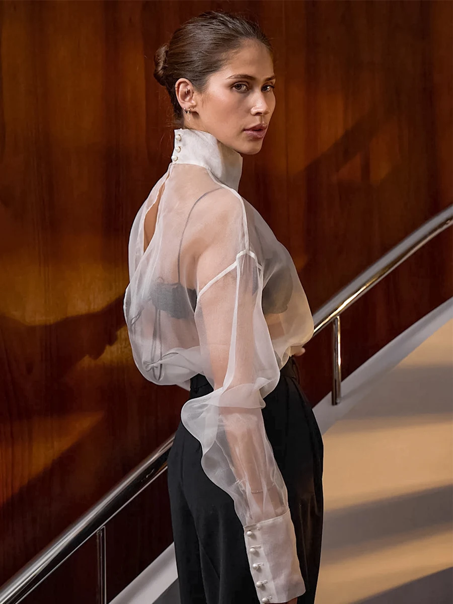 Sexy Transparent White Blouse Women Spring 2026 Mesh Shirt Tops Loose Stand Collar Long Sleeve Back Hollow Out Casual 64071
