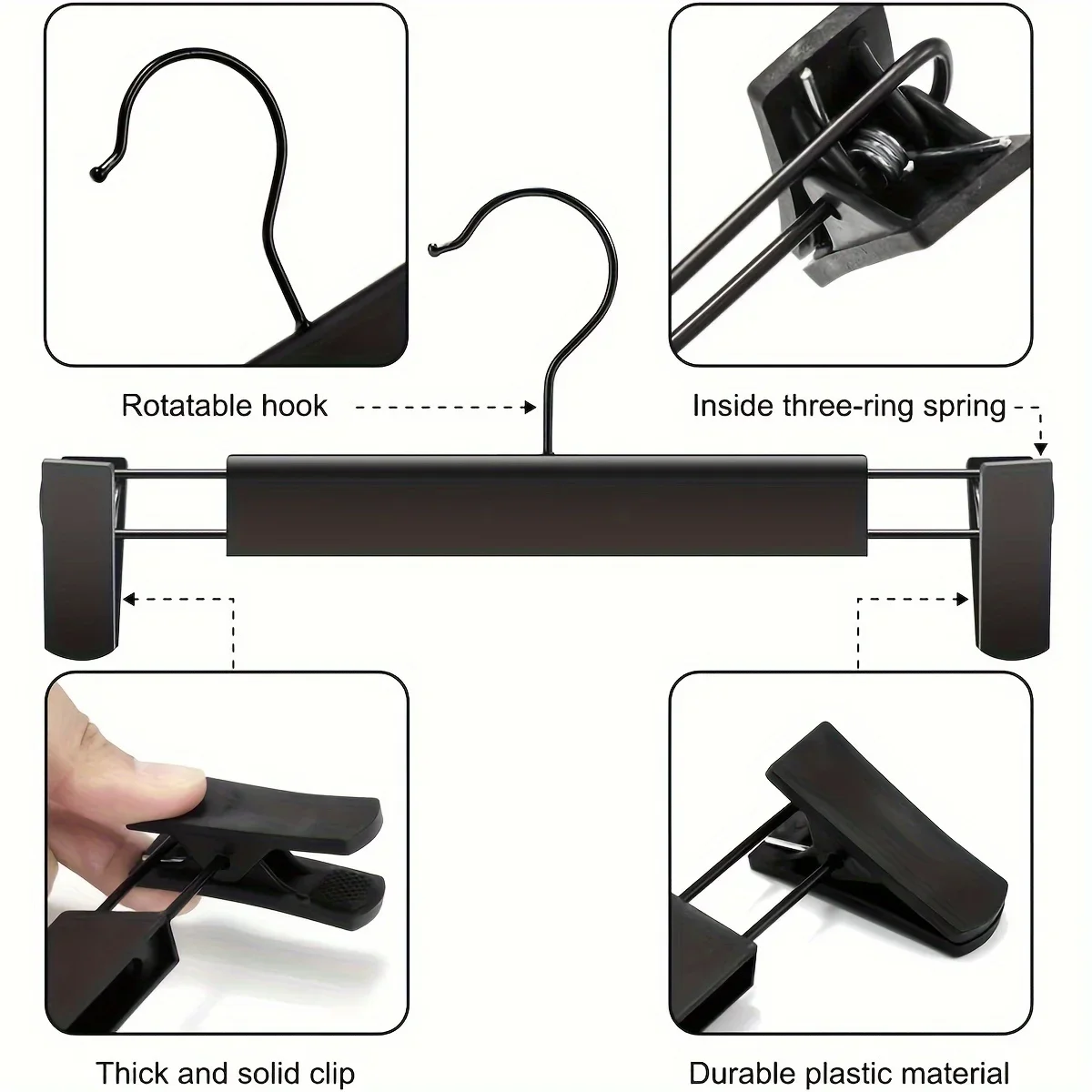 1/5/10 Stück schwarze Hosenbügel, rutschfeste Metall-Clip-Kleiderbügel für Röcke und Hosen, verstellbare Kleiderbügel für Kleiderschrank und Aufbewahrung – Detail 8