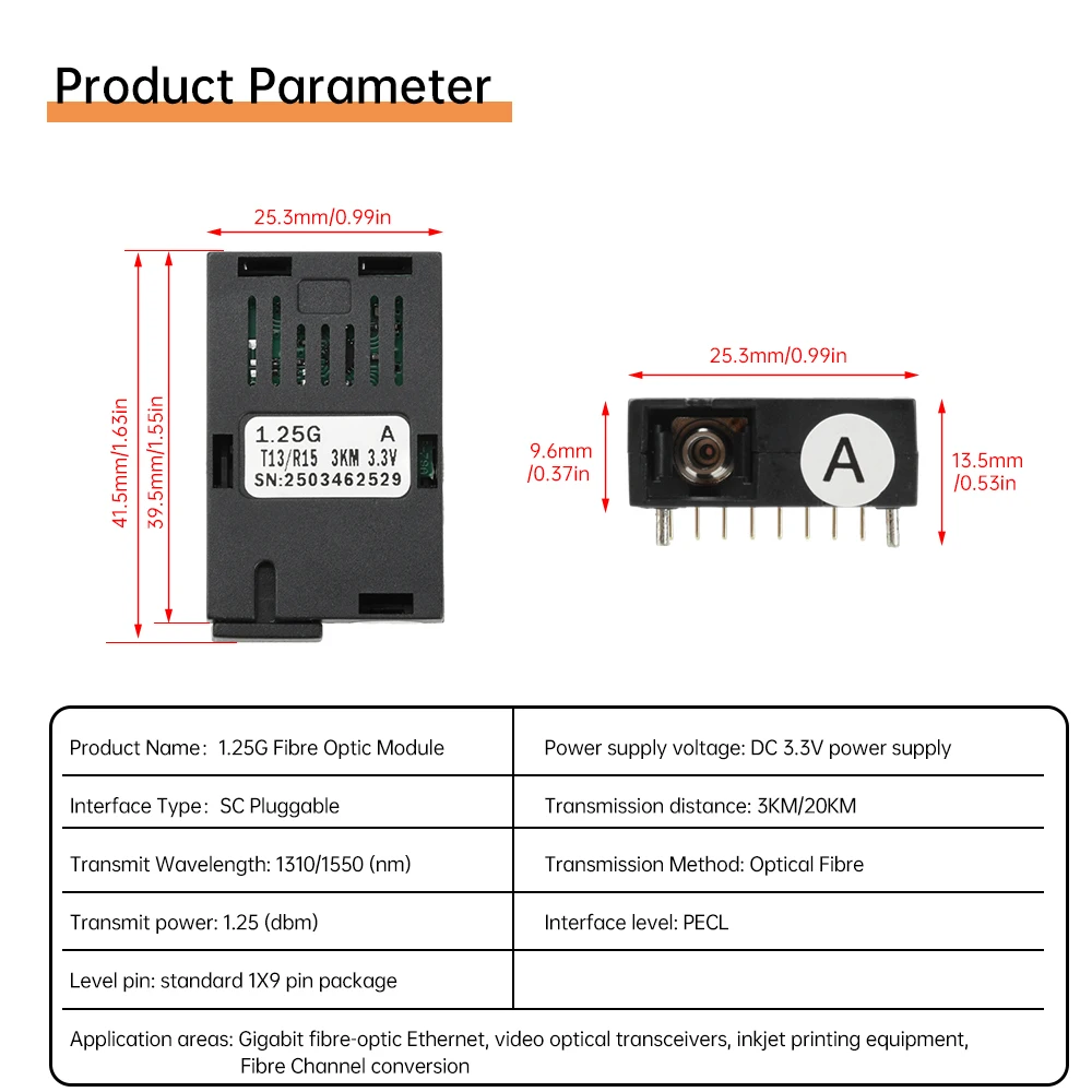 Módulo de fibra óptica dc 3.3v 1.25g 1*9, 1000m gigabit sc, modo único, fibra única, 1310nm/1550nm, 3km/20km, transceptor de fibra óptica