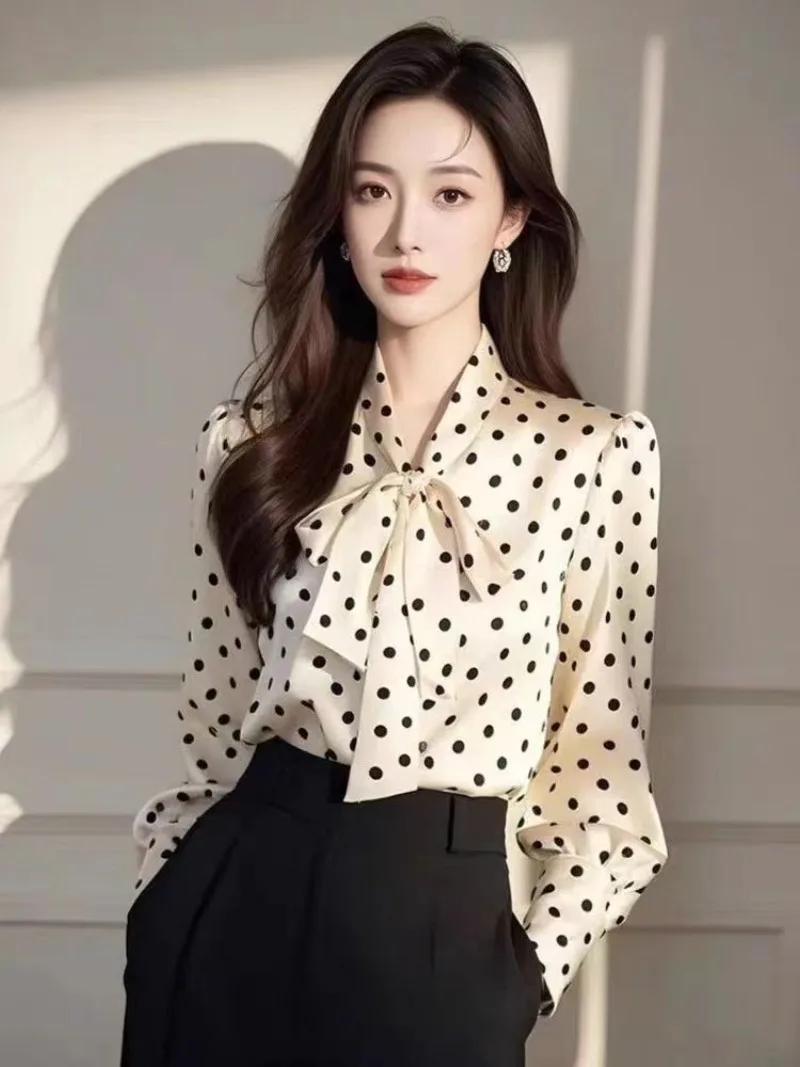 빈티지 여성 블라우스 캐주얼 물방울 무늬 탑 패션 루즈 여름 프렌치 의류 긴 소매 한국식 리본 여성 셔츠