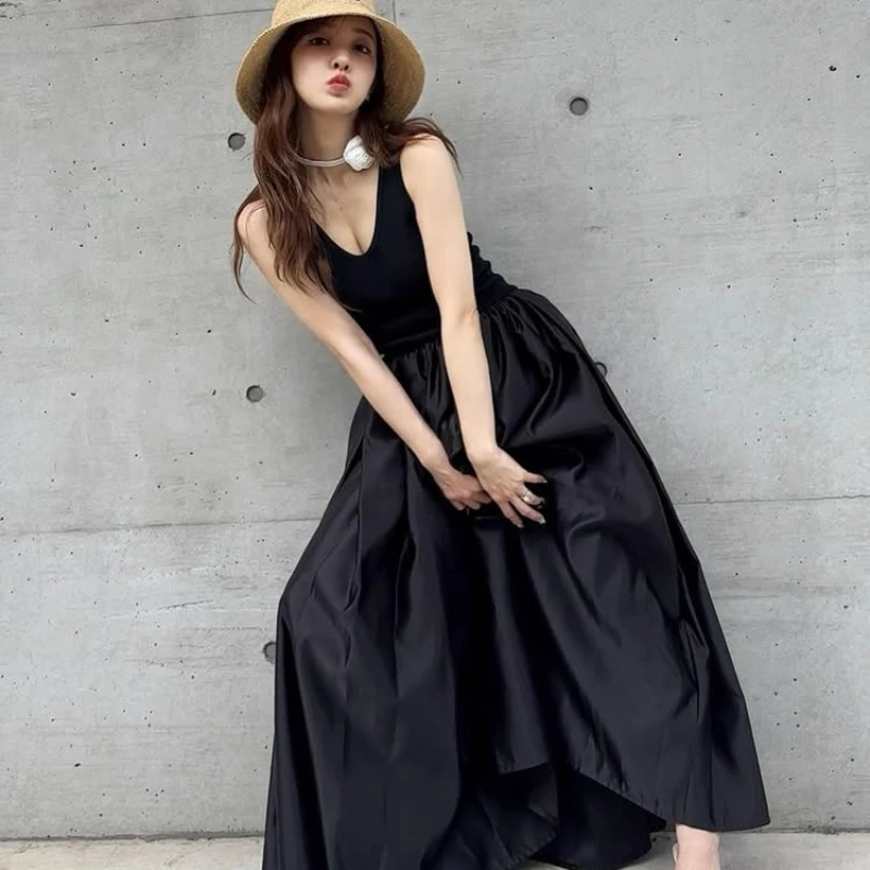 2025 New French Style Elegant Black Knit Patchwork Satin Long Dress Japanese Fashion Sweet Sleeveless Vest Princess Dresses