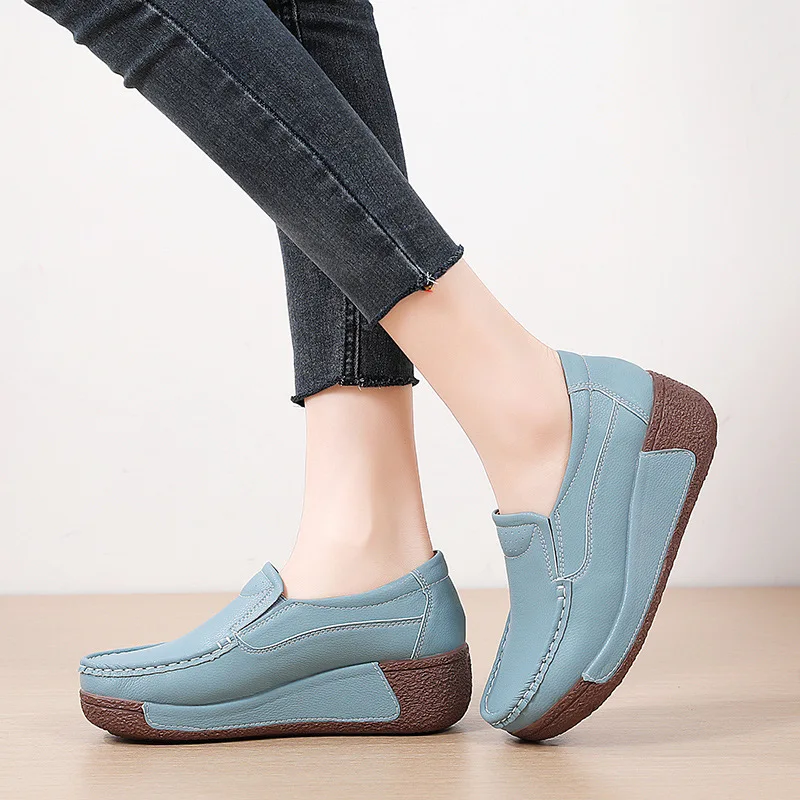 2023 New Spring Autumn Women Thick Bottom Shoes Flat on Platform Casual Shoes Leather Shoes Sewing Round Toe Zapatos Mujer 41 42