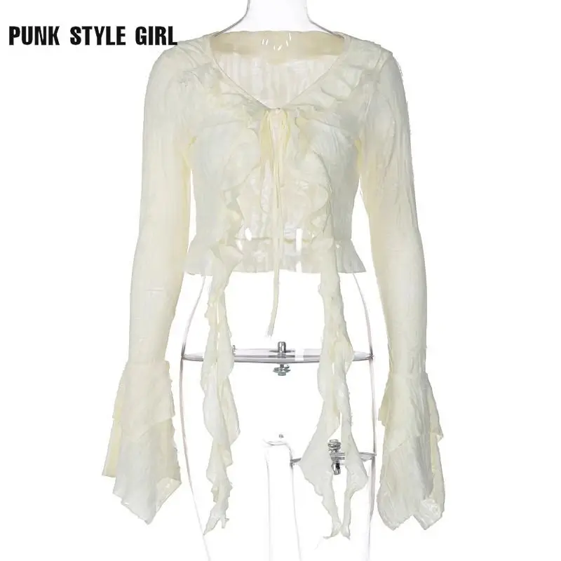 2024 Harajuku Gothic Vintage Y2k Lace Up Shirt Women Aesthetic Crop Irregular Blouses Coquette V Neck Grunge Korean Fashion Tops