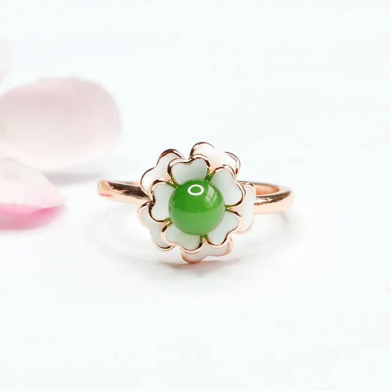 

Natural Green Hand Carved Water Drop Jade Ring Fashion Boutique Women's Flower Ring with Adjustable Opening