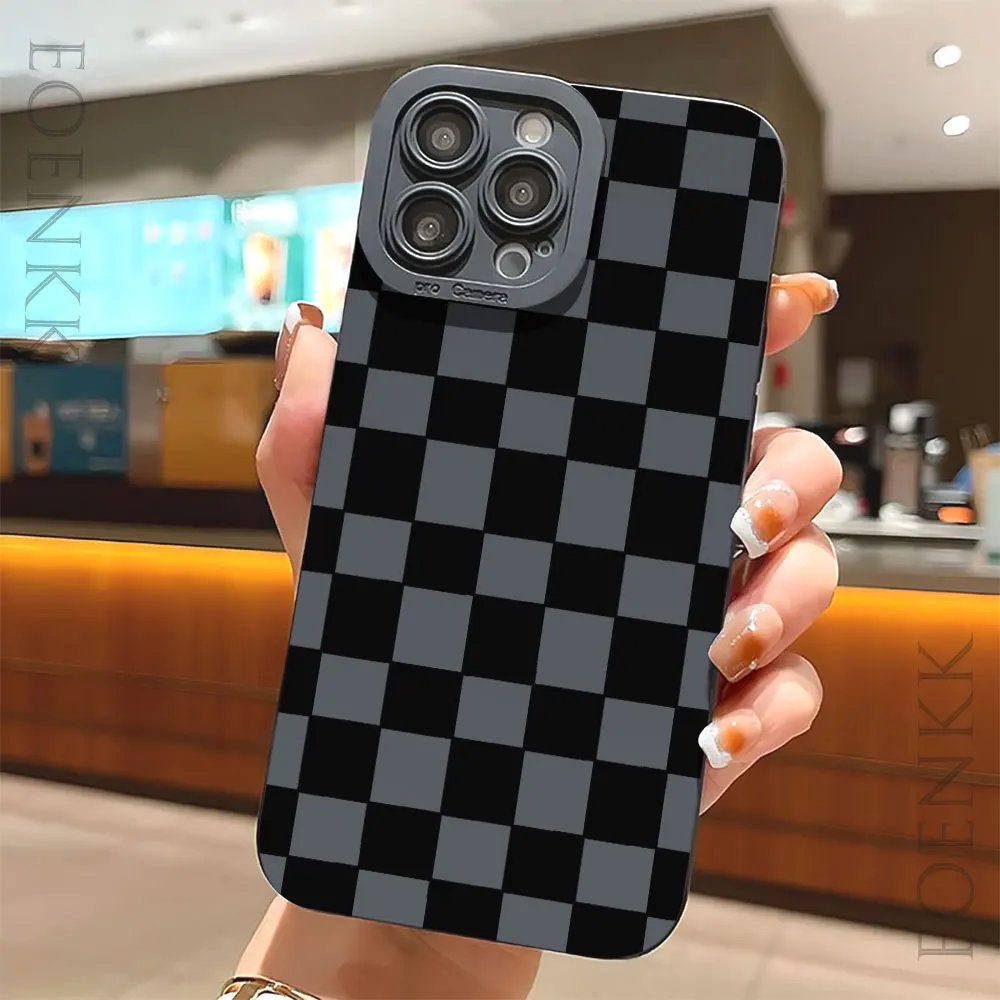 Black White Checkerboard TPU Soft Cover Case For iPhone 15 14 13 12 11 Pro Max Mini 7 8 Plus X XR XS SE Shockproof Phone Case