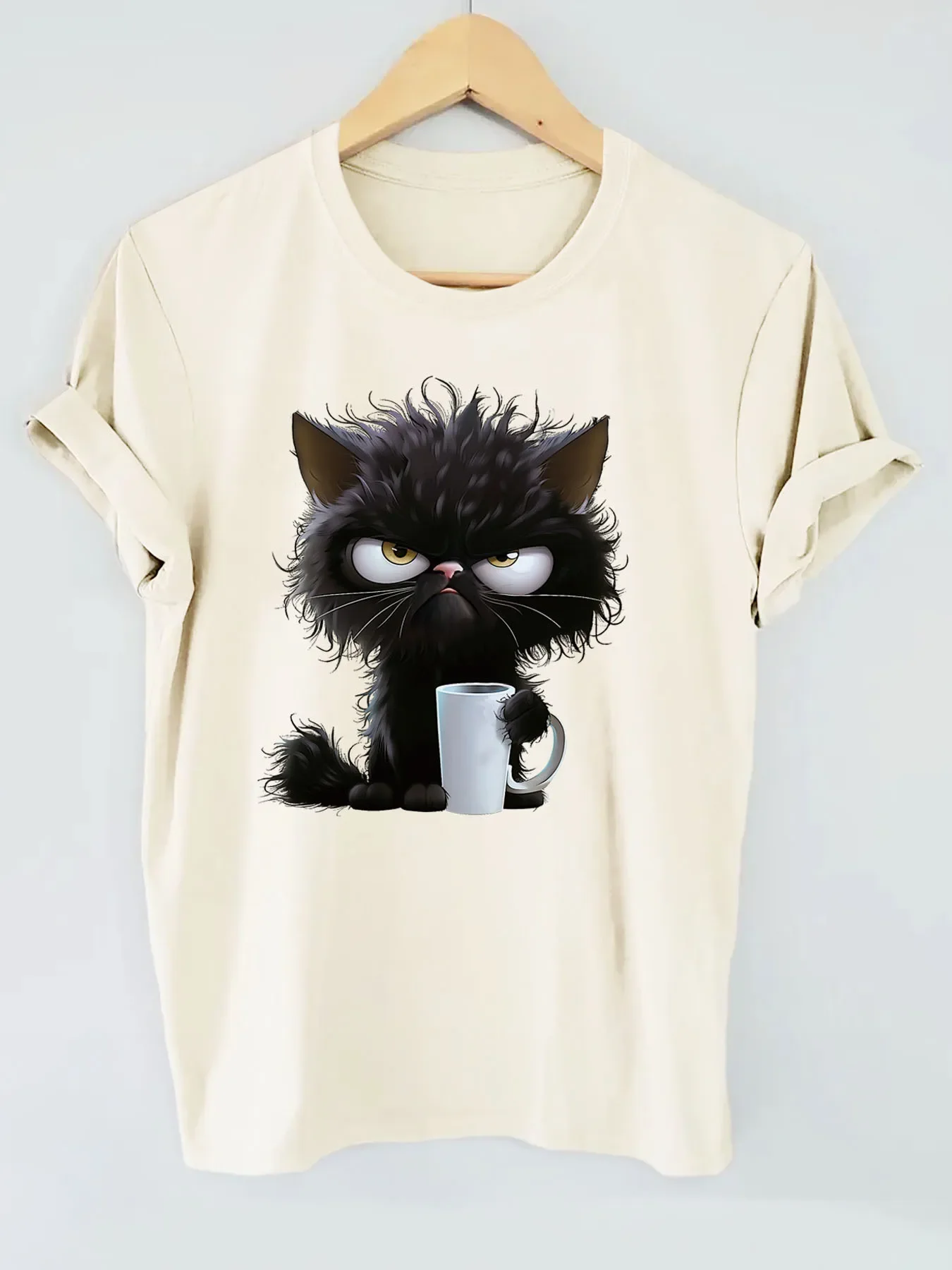 Short-sleeved Crew Neck T-shirt with A Fun Cat and Teacup Print Casual Versatile Perfect Women's Harajuku Feminine Clothes Sale