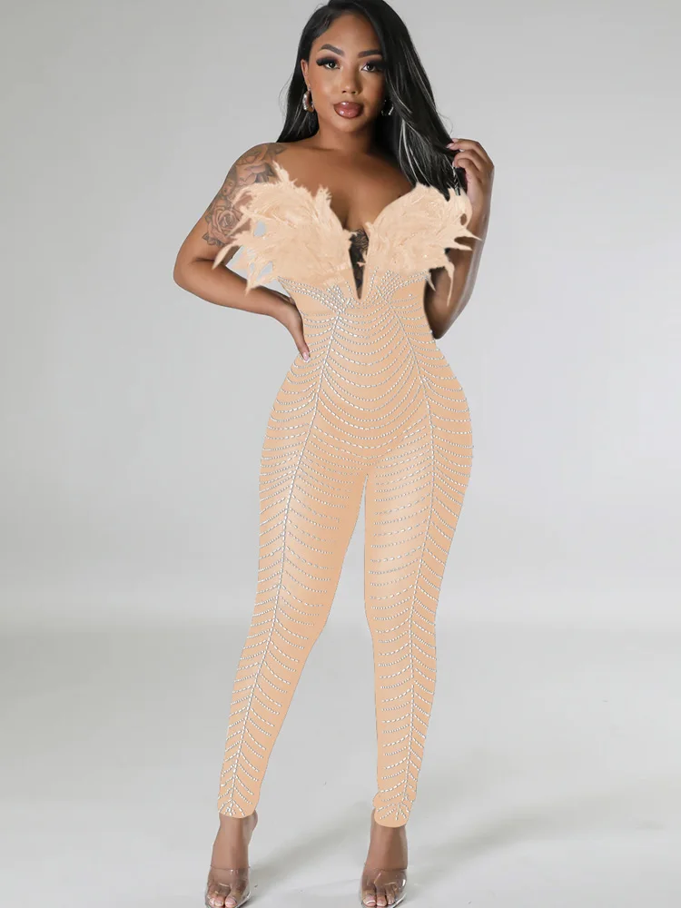 Neeleywall New Chic See-Through Sheer Mesh Crystal Jumpsuits Glam Feather Diamonds Strapless Rompers Overalls Birthday Outfits