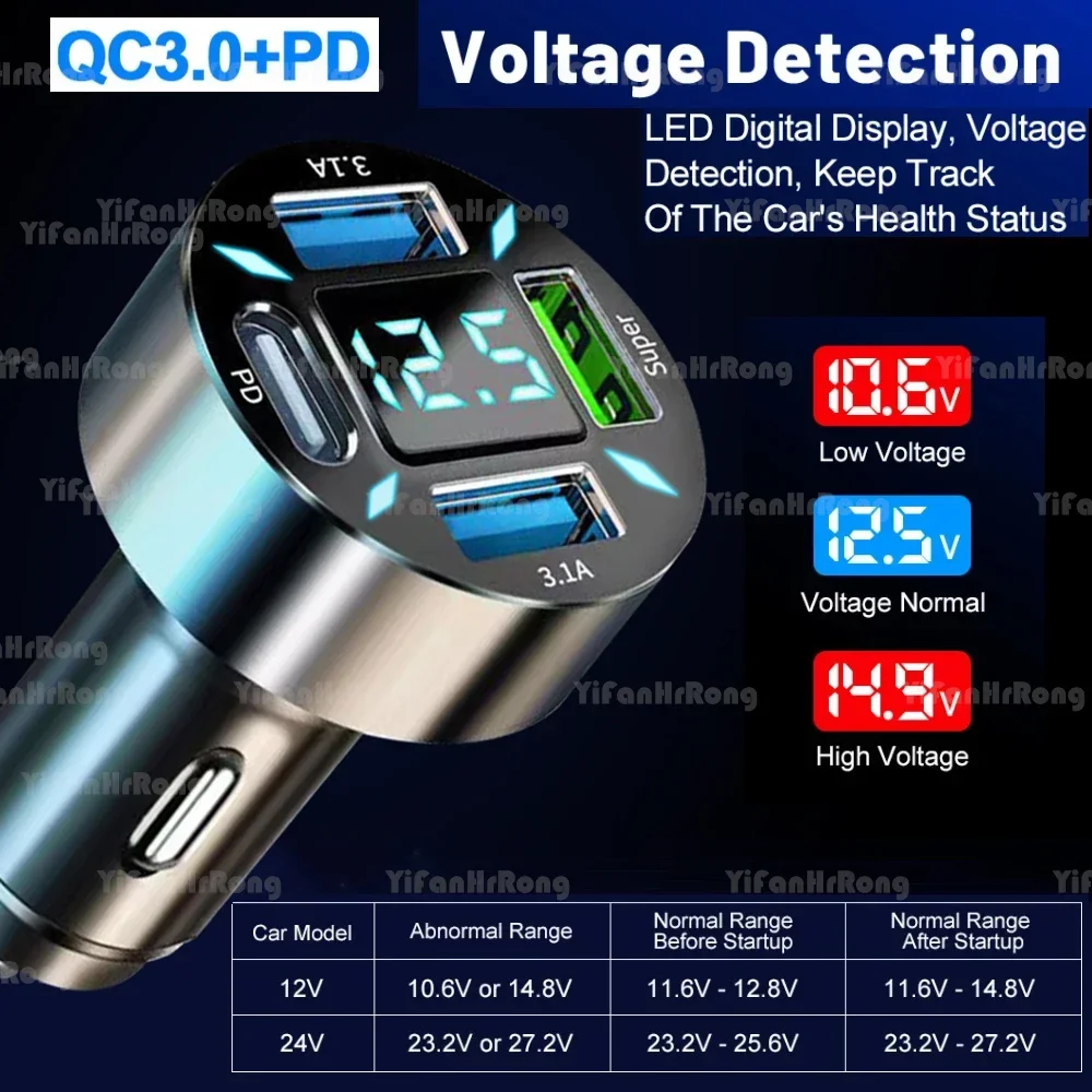 Carregador de carro usb 4 portas carregamento rápido pd carga rápida 3.0 usb c adaptador de carregador de telefone de carro para iphone 13 12 xiaomi samsung