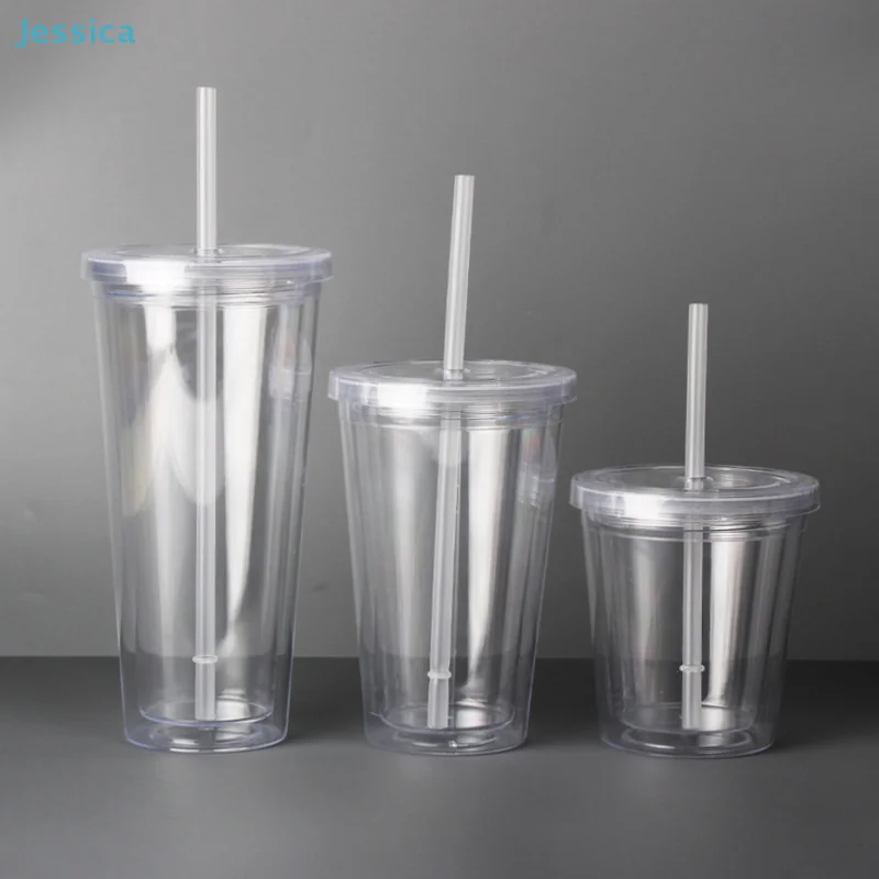 

〔Jessica〕Double-Wall Acrylic Tumbler with Straw and Lid - Reusable Clear Plastic Cups for Iced Coffee, Smoothies and Water