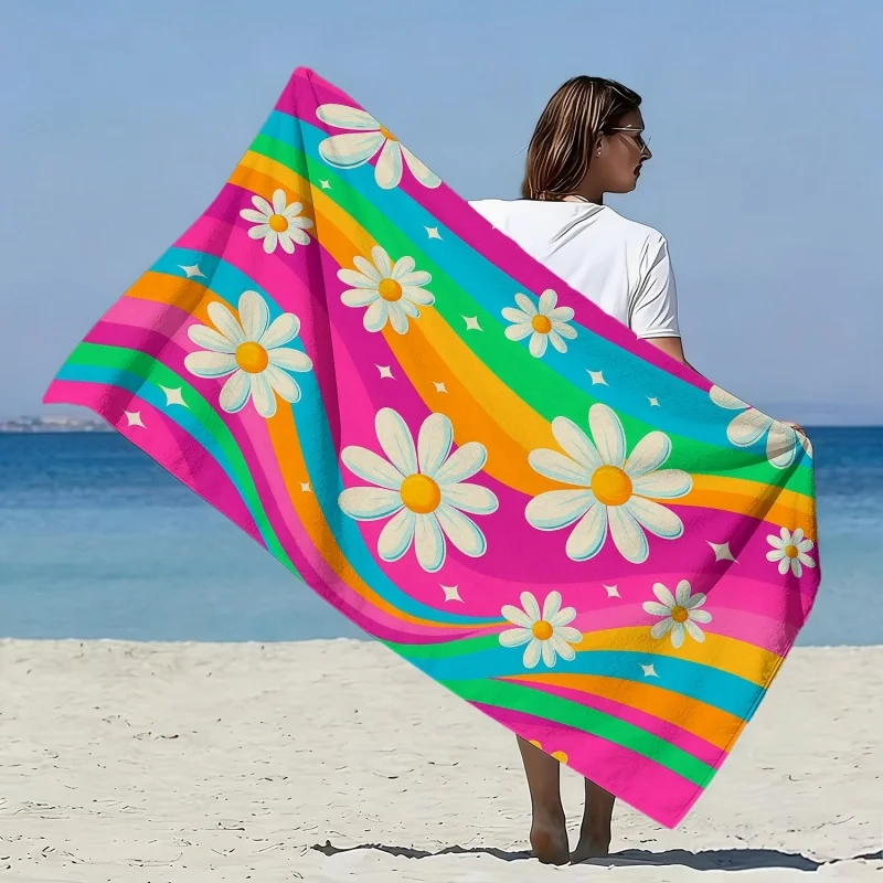 Rainbow Swirl Stripe White Daisy Beach Towel Colorful Retro Girls Quick Dry Towel
