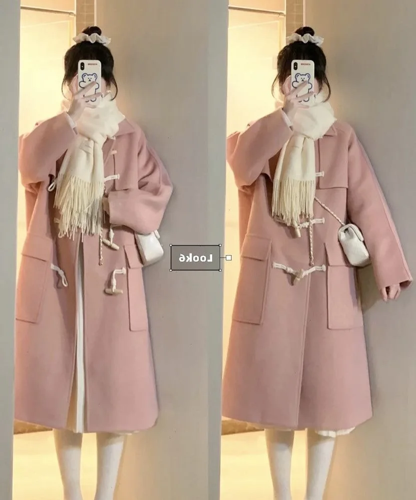 Pink Woolen Coat Women\'s Mid-length Winter New Style Japanese Style Loose Thickened Woolen Coat Horn Button For Small People