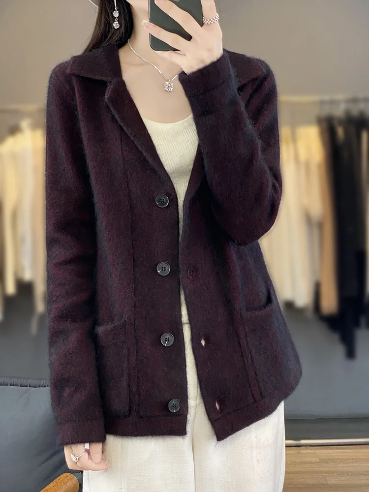 Women Lapel 100% Mink Cashmere Knit Cardigan Spring Winter New Polo Collar Shirt Loose Warm Jackets Blouses Casual Coats Sweater