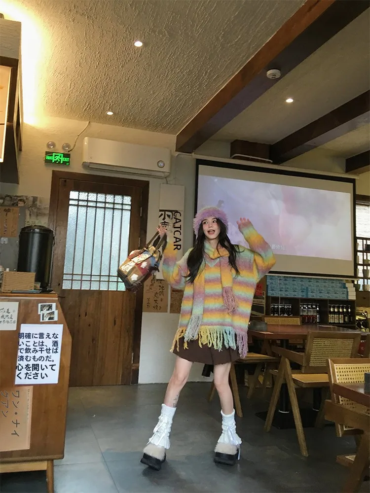 

Forlions Rainbow adient Striped Sweater Women Soft Cozy Lazy Sle Top Color Blo Knittedwear Commute Faion Autumn Col...